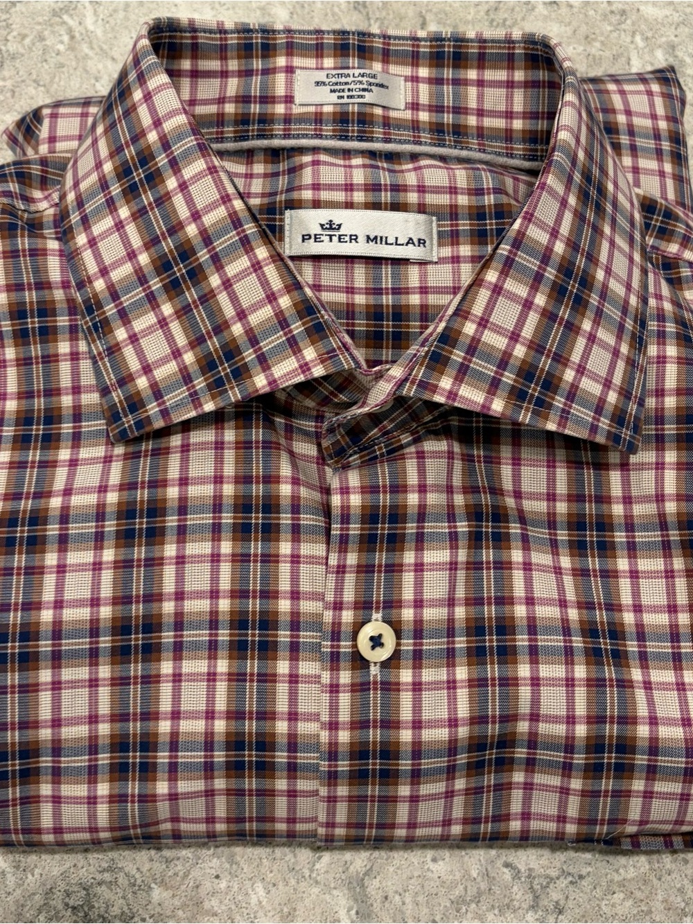 Peter Millar Plaid Dress Shirt - Burgundy, Navy & Cream-XL